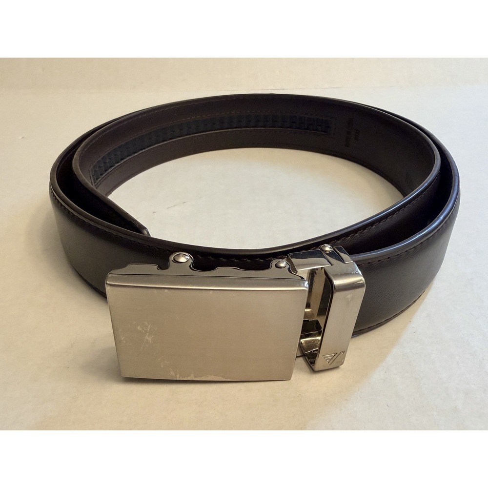 Mission Belt Men's Ratchet Belt Silver Buckle Dark Brown Leather Medium 40mm